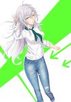  1girl ahoge denim double-parted_bangs eiyuu_densetsu fie_claussell hair_between_eyes hand_in_own_hair highres jeans kuro_no_kiseki long_hair looking_at_viewer necktie pants shirt sleeves_rolled_up smile solo torn_clothes torn_jeans torn_pants white_hair witch_f yellow_eyes 