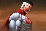  1boy artist_name blood blood_on_clothes blood_on_face blue_eyes bodysuit cape facial_hair highres invincible_(series) large_pectorals male_focus multicolored_hair muscular muscular_male mustache omniman pectorals red_cape serious short_hair solo spunkyramaz two-tone_hair upper_body white_bodysuit white_hair 