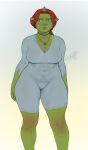  2022 blue_eyes breasts choker clothed clothing crown dreamworks female green_body green_skin hair headgear humanoid jewelry necklace ngmi nipple_outline not_furry ogre onesie princess_fiona red_hair shrek_(series) solo tiara 
