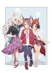  3girls absurdres akanekai animal_ears bag bandaid bandaid_on_cheek bandaid_on_face beanie biwa_hayahide_(umamusume) black_hair black_sweater blue_bag blue_scarf blush bnw_(umamusume) brown_footwear brown_hair casual clothes_around_waist collarbone denim denim_shorts ear_ornament ears_through_headwear full_body glasses handbag hat highres holding holding_phone horse_ears horse_girl jacket jeans leg_up long_hair long_skirt multiple_girls narita_taishin_(umamusume) pants phone purple_skirt red-framed_eyewear red_eyes red_headwear red_jacket sandals scarf semi-rimless_eyewear shirt shirt_around_waist shoes short_hair shorts skirt sneakers sweater t-shirt torn_clothes torn_jeans torn_pants umamusume very_long_hair watch wavy_hair wavy_mouth white_footwear white_hair white_shirt white_sweater winning_ticket_(umamusume) wristwatch yellow_eyes 