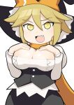  1girl :d black_skirt black_vest blonde_hair blush body_freckles bow breasts buttons cleavage cleavage_cutout clothing_cutout commentary_request cookie_(touhou) cowboy_shot fang freckles hair_between_eyes hands_on_own_breasts hat hat_bow hospital_king kirisame_marisa kohaku_(cookie) large_breasts long_bangs long_sleeves looking_at_viewer open_mouth orange_bow orange_scarf scarf shirt short_hair simple_background skirt smile touhou vest white_background white_shirt witch_hat yellow_eyes 