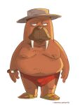  2023 anthro belly big_belly brown_body bulge clothing footwear hat headgear headwear hi_res hiroshi_odokawa_(odd_taxi) male mammal marine moobs nipples odd_taxi overweight overweight_male pinniped sandals sharpdressedreptile simple_background solo underwear walrus white_background 