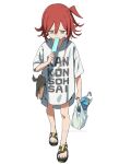  1girl artist_name bag clothes_writing food full_body grey_eyes hair_between_eyes holding holding_bag holding_food looking_down mchonmchon original popsicle red_hair romaji_text sandals shirt short_shorts shorts shoulder_bag side_ponytail simple_background solo toes walking watermark white_background white_shirt 