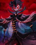  anthro avian bird black_hair cape clothing formal_clothing formal_wear frown goth hair helluva_boss hi_res lanveril looking_at_viewer male owl owl_demon red_background red_eyes red_sky short_hair simple_background sky solo standing stolas_(helluva_boss) white_face 
