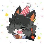  &gt;_&lt; 1boy :3 aak_(arknights) animal_ears arknights black_hair braid closed_eyes commentary confetti cropped_shoulders earrings eyeshadow fang furry furry_male hat highres jewelry makeup male_focus messy_hair mooootmt open_mouth party_hat profile red_eyeshadow red_hair short_hair side_braid simple_background smile solo star_(symbol) white_background 