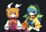  2girls 4qw5 apron armor armored_dress black_background blonde_hair blue_hair blue_wristband blunt_bangs blush bow breast_pocket breasts bright_pupils double_bun dress flower frilled_dress frilled_headwear frilled_sleeves frills green_apron green_headwear green_ribbon hair_bun hair_ribbon haniwa_(statue) haniyasushin_keiki hat holding holding_brush jewelry joutouguu_mayumi long_hair looking_at_another looking_at_viewer magatama magatama_necklace medium_breasts medium_hair multiple_girls necklace pixel_art pocket puffy_short_sleeves puffy_sleeves purple_eyes ribbon shirt short_sleeves simple_background smile teeth touhou turtleneck white_flower white_pupils white_ribbon white_shirt wristband yellow_dress yellow_eyes 