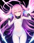  ai-generated angry blush bodysuit collar demon_girl fairy fairy_wings highres latex latex_bodysuit magic nipples non-web_source open_mouth pink_eyes pink_hair see-through space wings 