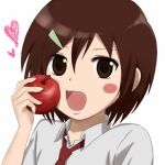  1girl :o apple bad_id bad_pixiv_id blush_stickers brown_eyes brown_hair chino_(2680871) close-up danshi_koukousei_no_nichijou dress_shirt eating food fruit hair_between_eyes hair_ornament hairclip hand_to_own_face heart holding holding_food holding_fruit looking_at_viewer necktie open_mouth portrait red_necktie ringo-chan_(danshi_koukousei) school_uniform shirt short_hair simple_background solo white_background white_shirt 