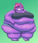  anthro belly big_breasts bottomwear breasts clothed clothing female full-length_portrait generation_1_pokemon gengar green_background grin hair hi_res hotpants huge_belly looking_at_viewer morbidly_obese morbidly_obese_anthro morbidly_obese_female navel nintendo noctoon obese obese_anthro obese_female one_eye_closed overweight overweight_anthro overweight_female pink_hair pokemon pokemon_(species) portrait purple_body red_eyes shadie_(noctoon) shorts simple_background smile solo 