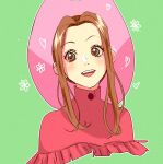  1girl brown_eyes brown_hair digimon digimon_adventure green_background hat long_hair looking_at_viewer open_mouth pink_headwear portrait ruron_(ruron_art) simple_background solo tachikawa_mimi teeth upper_teeth_only 
