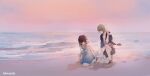  1boy 1girl arima_kana beach black_jacket blonde_hair brown_shorts dress highres hoshino_aquamarine jacket maggi0803 oshi_no_ko pink_sky red_eyes red_hair sandals short_hair shorts sky twilight white_dress 