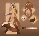  anthro brown_body brown_fur canid canine canis female fur looking_at_viewer mammal solo stripes wolf yellow_body yellow_fur 
