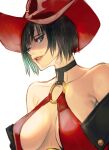  1girl aqua_eyes bare_shoulders black_hair breasts cleavage dress guilty_gear guilty_gear_xrd hat highres hitsuji_kusa i-no large_breasts looking_at_viewer mole mole_above_mouth red_dress red_headwear red_leather red_lips short_hair simple_background smile upper_body white_background witch_hat 