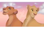  blue_eyes cloud deviantart_logo disney duo fangs felid female feral green_eyes lion looking_aside mammal open_mouth open_smile pantherine sky smile specky-arts teeth the_lion_guard the_lion_king tiifu_(the_lion_guard) tongue watermark zuri_(the_lion_guard) 