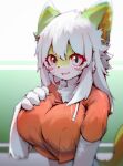  big_breasts breasts clothing female hair hi_res huge_breasts humanoid long_hair long_tail orange_clothing qavc solo tail 