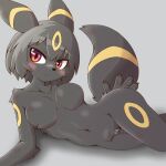  acky blush breasts curvy furry furry_female highres lying medium_breasts navel no_nipples nude nude_filter on_side pussy pussy_juice shiny_skin short_hair stomach tail thighs third-party_edit umbreon 