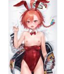  1girl ahoge animal_ears blue_archive bow bowtie braid breasts dakimakura_(medium) detached_collar ear_piercing halo highleg highleg_leotard highres huge_ahoge large_areolae leotard leotard_pull lying mole_under_each_eye neru_(blue_archive) neru_(bunny)_(blue_archive) nipples on_back orange_hair piercing playboy_bunny rabbit_ears rabbit_tail red_eyes red_leotard short_hair small_breasts strapless strapless_leotard tail thong_leotard yanyo_(ogino_atsuki) 