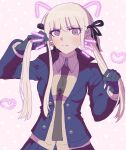  1girl animal_ears black_gloves black_ribbon braid brown_necktie cat_ears collared_shirt danganronpa:_trigger_happy_havoc danganronpa_(series) fake_animal_ears fake_whiskers gloves hair_ribbon hand_up heart highres i-hara jacket kirigiri_kyoko long_hair looking_at_viewer necktie open_clothes open_jacket pleated_skirt purple_eyes purple_hair ribbon shirt skirt solo twin_braids 