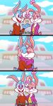  absurd_res anonymous_artist anthro babs_bunny bow_ribbon buckteeth building buster_bunny clothed clothing cloud dialogue digital_media_(artwork) duo eyes_closed female fur hi_res incest_(lore) kissing lagomorph leporid male male/female mammal pink_body rabbit speech_bubble teeth tiny_toon_adventures tiny_toons_looniversity warner_brothers 
