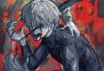  1boy 1other :d black_bodysuit blood blood_from_eyes blood_from_mouth blood_on_face bodysuit crurry_(trenos_x) grey_hair hands_up highres impaled kaneki_ken multicolored_background open_mouth red_background short_hair sketch smile solo_focus teeth tokyo_ghoul 