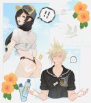  ! 1boy 1girl ass baseball_cap bikini bikini_under_clothes bird black_hair blonde_hair cloud_strife final_fantasy final_fantasy_vii final_fantasy_vii_ever_crisis flower front-tie_top handprint hat highres long_hair lotion low-tied_long_hair mercy_(myrrcy) official_alternate_costume sailor_collar see-through see-through_shirt shirt side-tie_bikini_bottom spiked_hair spoken_blush spoken_exclamation_mark sunscreen swimsuit tifa_lockhart tifa_lockhart_(lifeguard) upper_body wet wet_clothes wet_shirt 