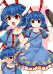  1girl animal_ears blue_dress blue_hair border bruise bruise_on_face crying dress hammer holding holding_hammer injury multiple_views pink_background rabbit_ears rabbit_girl red_eyes seiran_(touhou) short_hair smile solo torn_clothes touhou translation_request white_border zetsumame 