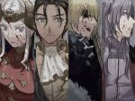  1girl 3boys :d :| ascot blonde_hair blood blood_on_clothes blood_on_face buttons cape circlet claude_von_riegan cloak closed_mouth column_lineup dark-skinned_male dark_skin dimitri_alexandre_blaiddyd double-breasted dress earrings edelgard_von_hresvelg eyepatch fake_horns fire_emblem fire_emblem:_three_houses fur-trimmed_cloak fur_trim green_eyes grey_background grey_eyes grey_hair grey_jacket hair_between_eyes hair_strand highres horns jacket jewelry long_hair looking_at_viewer multiple_boys one_eye_covered parted_bangs parted_lips profile purple_eyes ramuniku_ooo red_cape red_dress serious sideburns sidelocks sideways_glance simple_background single_earring smile straight-on white_ascot white_hair yellow_jacket yuri_leclerc 