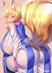  1girl absurdres animal_ears ass blonde_hair blue_tabard blush breasts dress fox_ears fox_girl fox_tail from_behind gigantic_breasts highres looking_back multiple_tails open_mouth pregnant red_nails see-through see-through_dress short_hair simple_background solo tabard tail touhou twitter_username wildcat_(kusonemi) yakumo_ran yellow_eyes 