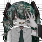  1girl :3 alternate_eye_color bags_under_eyes bandaid bandaid_on_face bandaid_on_nose black_sleeves circuit_board collared_shirt commentary detached_sleeves ear_piercing green_necktie grey_shirt grid_background hand_up hatsune_miku heterochromia highres imo_(imoknol) industrial_piercing long_hair looking_at_viewer messy_hair mole mole_under_eye mole_under_mouth motherboard necktie nvidia ok_sign ok_sign_over_eye pale_skin patterned_eyes patterned_hair piercing ribbed_shirt shirt shoulder_tattoo sleeveless sleeveless_shirt solo spiked_ear_piercing straight-on symbol-only_commentary tattoo twintails upper_body vocaloid wavy_eyes 