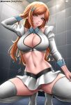  1girl arm_up baileymcpatty bleach bleach:_the_thousand-year_blood_war breasts brown_eyes brown_hair cleavage cleavage_cutout clothing_cutout crop_top detached_sleeves english_commentary grey_shirt grey_skirt grey_thighhighs hair_ornament hairclip hand_in_own_hair highres indoors inoue_orihime large_breasts long_hair midriff miniskirt navel paid_reward_available panties pantyshot parted_bangs parted_lips patreon_username shirt signature skirt sleeveless sleeveless_shirt solo squatting striped striped_shirt thighhighs thighs tile_floor tile_wall tiles tiptoes underwear 