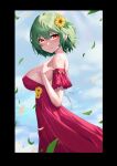  1girl absurdres black_border blue_sky border breasts closed_mouth commentary_request dress flower green_hair hair_flower hair_ornament highres huge_breasts kazami_yuuka large_breasts leaf looking_at_viewer outdoors qaq_(2109508597) red_dress red_eyes short_hair sideboob sky smile solo sunflower touhou 