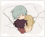  2girls animal_ears aqua_hair blanket brown_hair closed_eyes closed_mouth highres horse_ears hug multiple_girls nishino_flower_(umamusume) on_bed red_shirt seiun_sky_(umamusume) shirt short_hair short_sleeves sleeping umamusume under_covers yano_(edbr1022) yellow_shirt yuri 