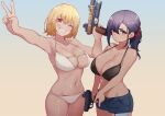  2girls bikini black_bikini blonde_hair bob_cut breasts commentary commentary_request gun handgun holding holding_weapon large_breasts looking_at_viewer multiple_girls one_eye_closed original ponytail pout purple_hair red_eyes ruger_mark_iv scrunchie shiny_skin short_hair shorts smile swimsuit trigger_discipline warashi weapon white_bikini yellow_eyes 