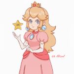  1girl blonde_hair blue_brooch blue_eyes brooch crown dress earrings eyebrows_hidden_by_hair gloves highres jewelry long_hair mario_(series) non-web_source pink_dress princess_peach sakurakiss777 smile solo starman_(mario) upper_body white_gloves 