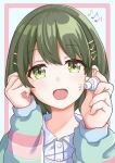  1girl blue_background blush dot_nose earphones green_eyes green_hair hair_ornament hairpin highres holding idolmaster idolmaster_shiny_colors long_sleeves looking_at_viewer multicolored_clothes musical_note nanakusa_nichika open_mouth pink_background shirt short_hair simoumi_217 smile solo two-tone_background white_shirt 