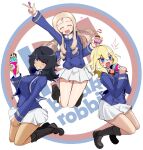  3girls :d ^^^ absurdres andou_(girls_und_panzer) arm_up backlighting baskin-robbins bc_freedom_military_uniform black_eyes black_footwear black_hair blonde_hair blue_eyes blue_jacket blue_vest blush boots closed_eyes commentary cup dark-skinned_female dark_skin dress_shirt drill_hair facing_viewer floating food frown full_body girls_und_panzer green_eyes grin hair_over_one_eye heart high_collar highres holding holding_food holding_spoon ice_cream ice_cream_cone jacket knee_boots legs_up logo_parody long_hair long_sleeves looking_at_viewer marie_(girls_und_panzer) medium_hair messy_hair military military_uniform miniskirt multiple_girls open_mouth oshida_(girls_und_panzer) pleated_skirt shibainutank shirt simple_background skirt smile spill spoon sweatdrop uniform vest white_background white_shirt white_skirt 