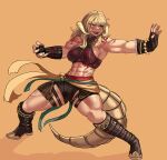  1girl abs absurdres blonde_hair boots commission dragon_horns dragon_tail ezzyecchi fangs fighting_stance fingerless_gloves gloves highres horns long_hair monk muscular muscular_female orange_background orange_eyes original sash shoulder_tattoo solo tail tank_top tattoo 