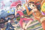  1boy 3girls bamboo blue_dress brown_eyes brown_hair china cloud cloudy_sky dancing detached_sleeves dress dutch_angle guang_xi highres house looking_at_viewer mountain multiple_girls orange_dress original pink_dress short_sleeves sky traditional_clothes xyy25 
