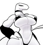  abs anthro big_breasts bra breasts choker claws cleavage clothed clothing dragon female gonda hi_res jewelry k.o.mondo looking_at_viewer looking_down_at_viewer muscular muscular_female necklace nipple_outline panties simple_background solo underwear white_background white_body 
