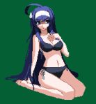  1girl ahoge anothernullacc bikini black_bikini blue_eyes blue_hair full_body green_background hairband headband huge_ahoge long_hair looking_to_the_side orie_(under_night_in-birth) pixel_art seiza simple_background sitting solo swimsuit under_night_in-birth very_long_hair wariza water_drop white_hairband 