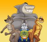  2022 absurd_res anthro big_butt brown_body butt canid canine canis clothed clothing crashwolf dreamworks evil_grin fish fully_clothed fur green_body green_butt grey_body grey_butt grey_fur grin group hi_res larger_male male mammal marine mr._piranha_(the_bad_guys) mr._shark_(the_bad_guys) mr._snake_(the_bad_guys) mr._wolf_(the_bad_guys) nude piranha_(fish) reptile scalie serrasalmid shark size_difference smaller_male smile snake teeth the_bad_guys wolf yellow_sclera 