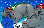  anthro balls belly_hair big_balls big_butt big_penis bodily_fluids body_hair butt chest_hair clothing dizzysauce_nsfw elephant elephant_mario elephantid genitals happy_trail hi_res male mammal mario_bros nintendo nipples overalls penis proboscidean pubes solo sweat through_wall 