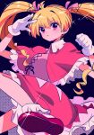  1girl biscuit_krueger black_background blonde_hair blush bobby_socks capelet dress drill_hair frills gloves hair_ribbon highres hunter_x_hunter long_hair looking_at_viewer mary_janes pink_eyes red_capelet red_dress ribbon sanamaru_(sana79261827) shoes simple_background socks solo twintails white_gloves 