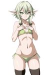  1girl bikini black_thighhighs breasts closed_mouth elf goblin_slayer! green_bikini green_eyes green_hair high_elf_archer_(goblin_slayer!) highres long_hair looking_at_viewer navel pointy_ears shiny_skin side-tie_bikini_bottom sidelocks simple_background small_breasts smile solo standing swimsuit thighhighs user_fuew8728 white_background 