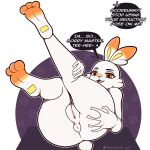  &lt;3 absurd_res anthro anus butt clitoris feet female fur generation_8_pokemon genitals hi_res kevwrite lagomorph leporid mammal nintendo orange_body orange_eyes orange_fur pinup pokemon pokemon_(species) pose pussy rabbit scorbunny simple_background solo speech_bubble text white_body 