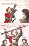  3girls ahoge ahoge_page_(ironlily) armor balance_scale_print belt braid brown_hair gambeson highres holding holding_weapon ironlily lady_johnna_(ironlily) long_hair medieval multiple_girls ordo_mediare_sisters_(ironlily) surcoat sword twin_braids_sister_(ironlily) weapon 