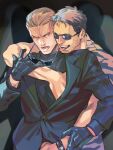  2boys albert_wesker bara black_gloves black_jacket black_shirt blonde_hair chris_redfield facial_hair gloves grey_hair grey_shirt hand_under_clothes jacket looking_at_another male_focus multiple_boys muscular muscular_male official_alternate_costume open_mouth resident_evil resident_evil_5 shirt short_hair sunglasses tatsumi_(psmhbpiuczn) tongue tongue_out watch wristwatch yaoi 