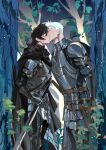  2boys armor atie1225 black_hair cape closed_eyes fantasy forest highres keith_(voltron) kiss knight male_focus multiple_boys nature scar scar_on_face sheath sheathed sword takashi_shirogane voltron:_legendary_defender voltron_(series) weapon white_hair yaoi 