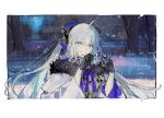  1girl ahoge armor armored_dress black_bow black_fur black_gloves blue_bow blue_bowtie blue_eyes blue_ribbon blush bow bowtie bush coat fate/grand_order fate_(series) fur-trimmed_coat fur_trim gloves grey_hair hair_between_eyes hair_bow long_sleeves looking_at_viewer morgan_le_fay_(fate) outdoors rain ribbon road smile solo starshadowmagician street teeth tonelico_(fate) tree upper_body white_background 