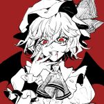  1girl ascot bat_wings blood blood_from_mouth bright_pupils center_frills fangs fingernails frills hair_between_eyes hand_up hat highres kaoru_(alicemakoto) long_fingernails medium_hair mob_cap monochrome open_mouth puffy_short_sleeves puffy_sleeves red_background red_eyes remilia_scarlet ribbon shirt short_sleeves simple_background slit_pupils smile solo touhou upper_body white_pupils wings wrist_cuffs 